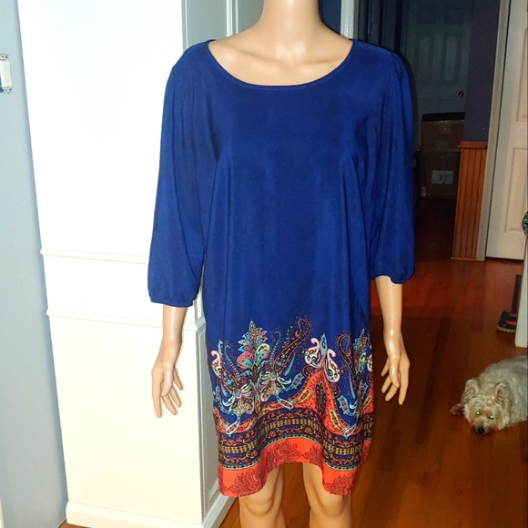 $5 LARGE Navy & Orange Flowy Dress Geometric Pattern Bottom Hem Bebop - Picture 1 of 6